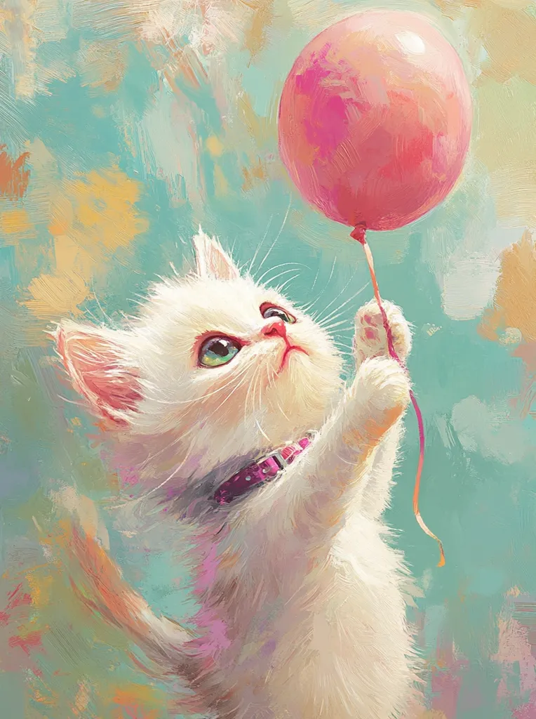 A white kitten with green eyes and a pink collar is looking up at a large pink balloon tied to a string.  The kitten is standing on its hind legs and holding the string with its paw. The background is a soft, colorful blur of blues, greens, and yellows.  The image evokes a sense of innocence, joy, and playfulness.