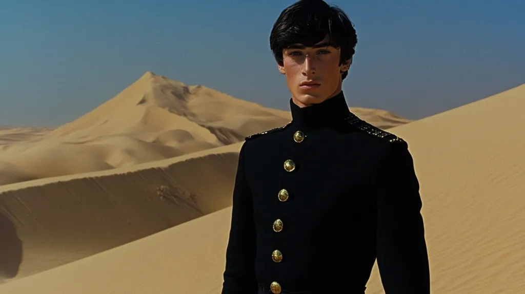 A young man with dark hair and piercing eyes stands in the middle of a vast desert landscape.  He is dressed in a black military-style coat with gold buttons. The sand dunes stretch out in front of him, bathed in the golden light of the sun. His serious expression suggests a sense of purpose and determination. The image evokes a sense of solitude and adventure in a harsh and unforgiving environment.