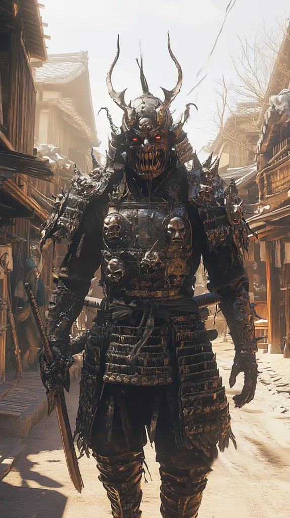 A menacing samurai warrior stands in a dusty, sun-drenched street. His armor is dark and ornate, adorned with skulls and spikes, and his helmet features a terrifying, horned visage with glowing red eyes. The samurai is armed with a katana, his expression grim and menacing. The backdrop features traditional Japanese architecture, adding to the warrior's imposing presence.