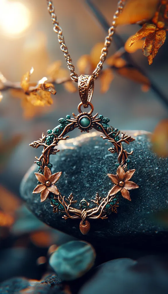 A delicate gold necklace with a circular pendant hangs against a backdrop of blue stones and dried leaves. The pendant is made of intricate branches and leaves, accented with green and gold detailing, and adorned with two delicate flowers. The pendant appears to be a symbol of nature and beauty.