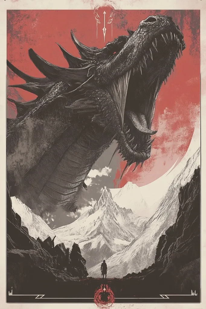 A large, black dragon with a gaping maw is depicted against a red background with a large, white, circular shape in the background. The dragon is flying over a snowy mountain range, and a lone figure in black stands at the foot of the mountains, looking up at the dragon. The dragon's sharp teeth and claws are prominently displayed, suggesting a menacing presence. The overall tone of the image is dramatic and ominous, with the dragon's size and posture emphasizing its power and threat.