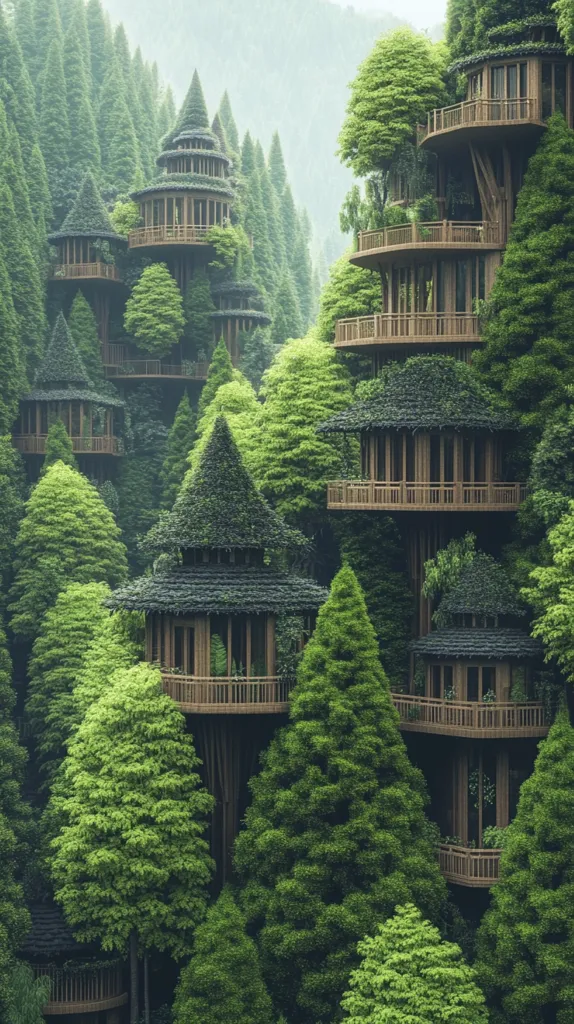 A series of wooden treehouses nestled amongst towering evergreen trees. The houses have multiple levels with balconies and railings, and are connected by walkways. The lush green foliage provides a natural camouflage for these unique dwellings, blending seamlessly with the forest environment.