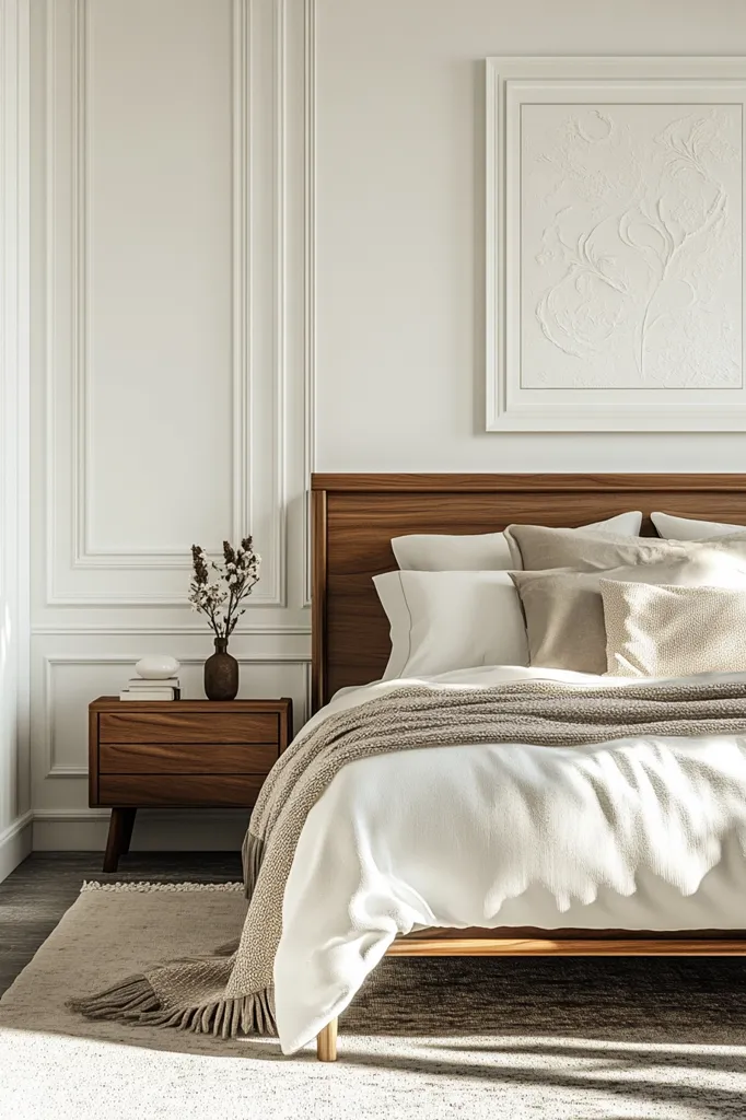 The image shows a modern bedroom with a wooden bed frame and white bedding. The bed is dressed with a beige throw blanket and pillows. A small wooden nightstand sits beside the bed, holding a vase of dried flowers and books. A framed piece of artwork hangs on the wall. The room is bathed in natural light, which creates a warm and inviting atmosphere.  The overall design scheme is minimalist and elegant.