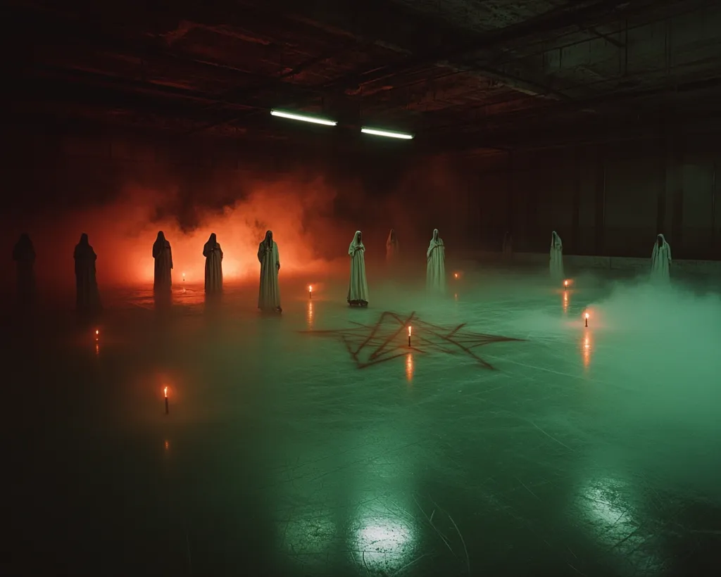 The image shows a dimly lit, abandoned building with fog filling the space. Eight figures, dressed in white robes, stand in a circle around a pentagram drawn on the ground. Each figure holds a lit candle. The scene creates a sense of eerie mystery and ritualistic activity.  The dark ambiance and the figures' shadowy forms contribute to an unsettling atmosphere.  The red and green lighting cast a strange glow on the figures and the space, adding to the surreal quality of the scene.