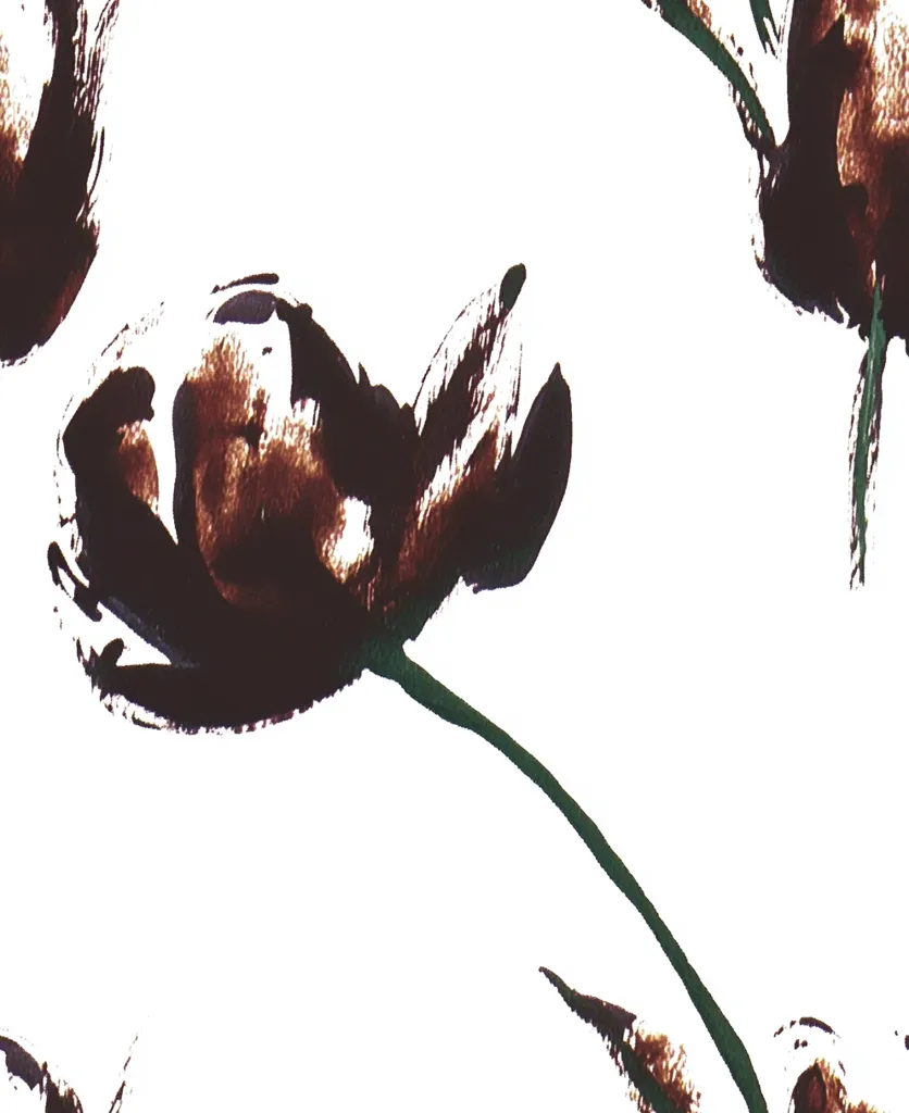 A black and white image of stylized flowers with long, thin stems. The flowers are painted in a loose, abstract style with the petals seemingly made of brushstrokes. The background is white, highlighting the bold floral shapes. The image has a simple elegance, suggesting a sense of nature and beauty.