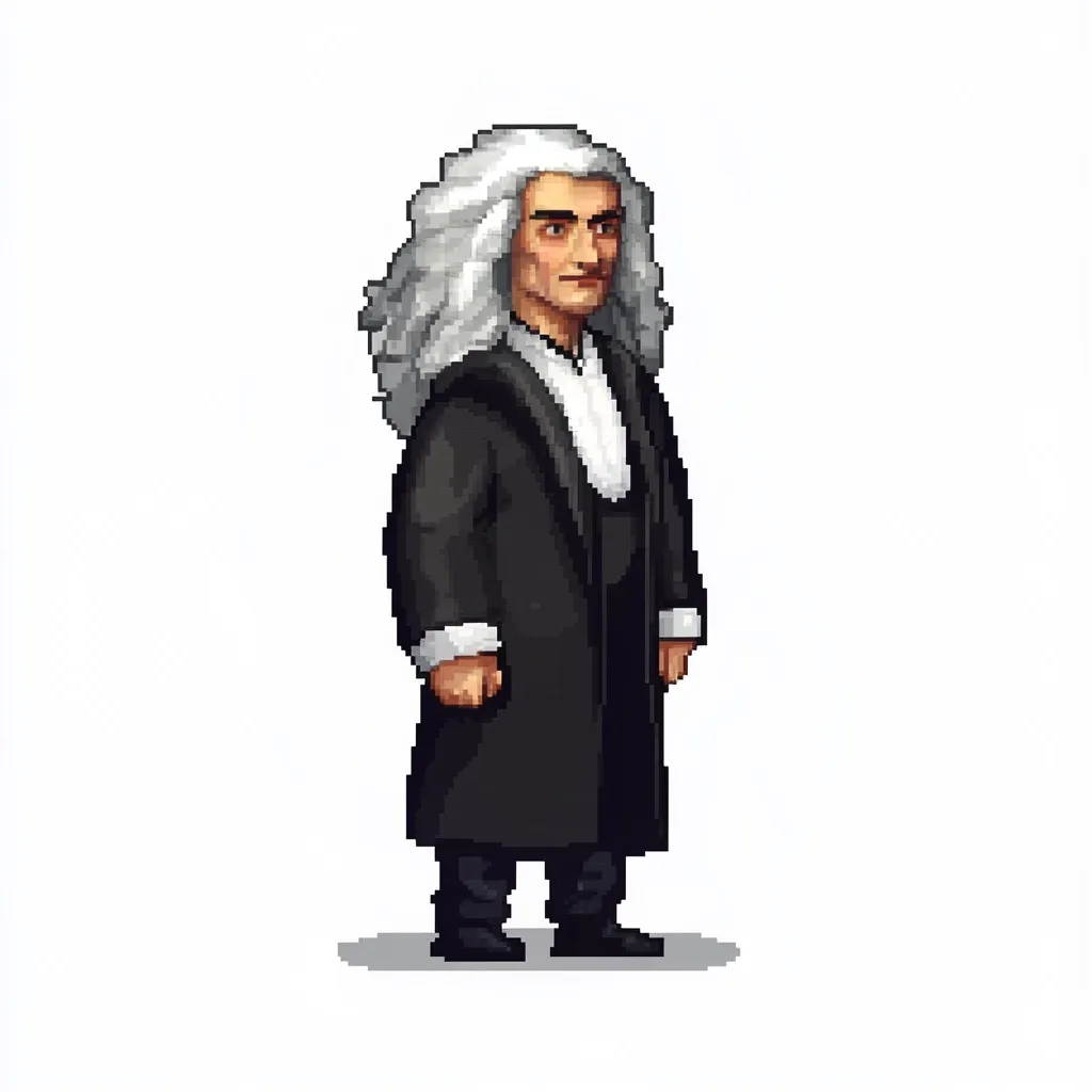 The image depicts a pixelated man with long white hair, wearing a black coat and standing with his hands clasped in front of him. He is looking off to the side. The image is rendered in a pixelated style, giving it a retro video game aesthetic. The background is white, highlighting the figure.