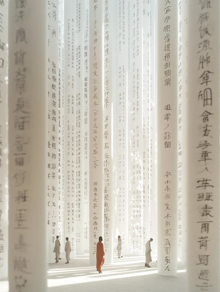 A minimalist space features tall, white pillars inscribed with black characters, creating a sense of order and tranquility.  The pillars create a labyrinth-like atmosphere, while the figures in muted colors enhance the sense of quiet contemplation. The lighting is soft and diffused, adding to the overall serenity of the scene. The minimalist design and the focus on written language suggest a contemplative environment for reflection and learning.