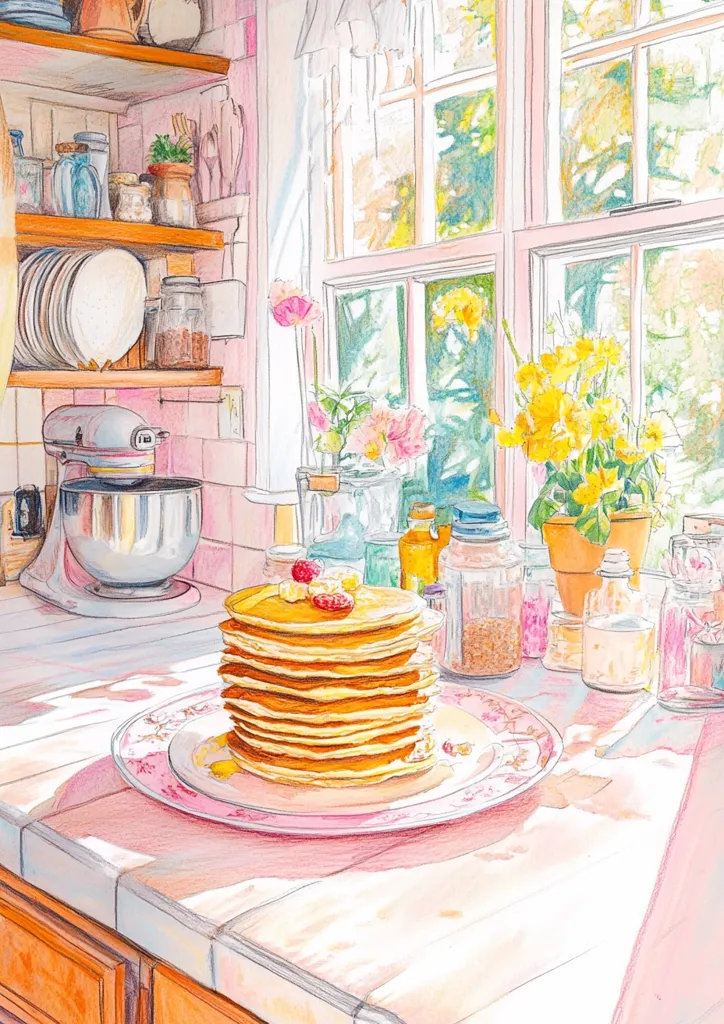 A stack of pancakes with butter and raspberries sits on a pink and white plate in a sunlit kitchen. A stand mixer is in the background, and a window with flowers and sunlight streams through. The kitchen is decorated with pink and white tiles, wooden shelves, and various jars and bottles. The scene is warm and inviting, perfect for a cozy breakfast.