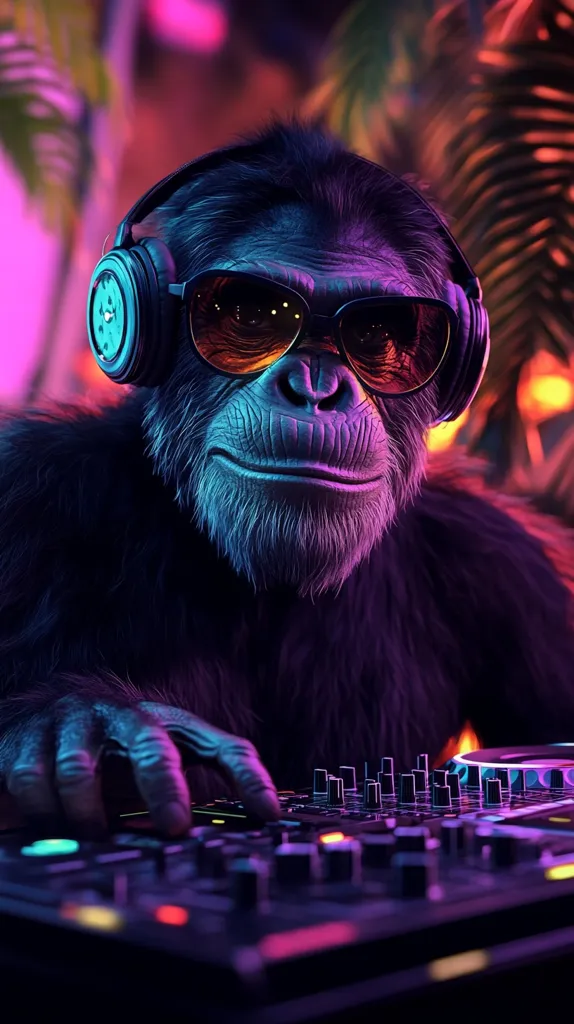 A chimpanzee wearing headphones and sunglasses is mixing music on a DJ mixer. The image is lit with vibrant pink and blue neon lights, giving it a futuristic, stylish feel. The chimpanzee's focused expression suggests it's deeply immersed in its creative work. The background features blurred green foliage, adding a touch of nature to the scene.