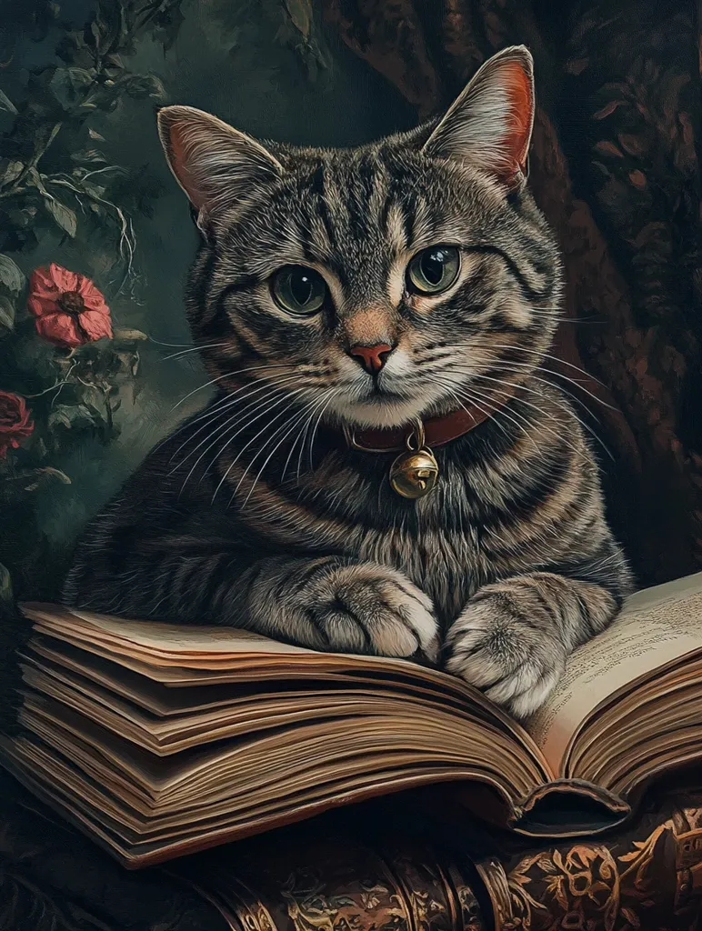 A tabby cat, wearing a collar with a bell, sits with its paws resting on a large, open book. The cat's eyes are fixed on the viewer, and its fur is meticulously detailed. A dark, leafy background provides a backdrop for the image, with a single, red flower adding a splash of color. The scene evokes a sense of calm contemplation and a love for literature.