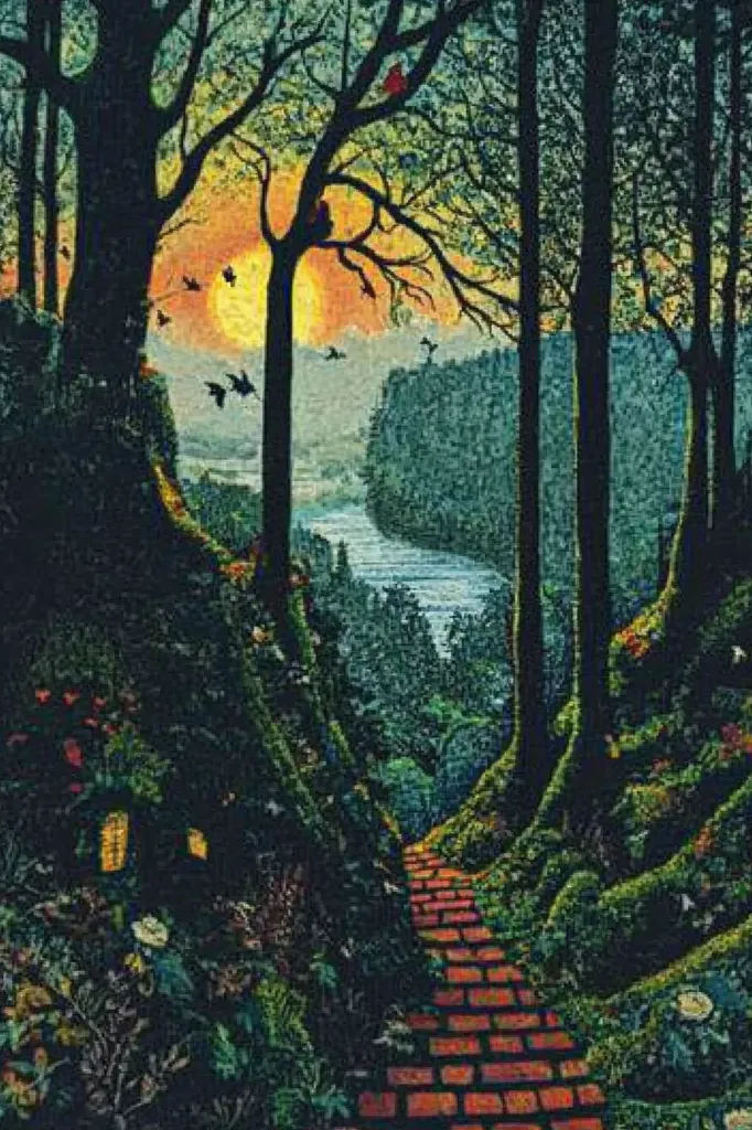 The image shows a path winding through a forest.  Tall trees line the sides of the path, their branches reaching up towards a bright orange sun.  The path leads to a clearing where a river flows.  The scene is painted in a stylized, almost surreal manner, with the colors and textures of the leaves and branches enhanced.