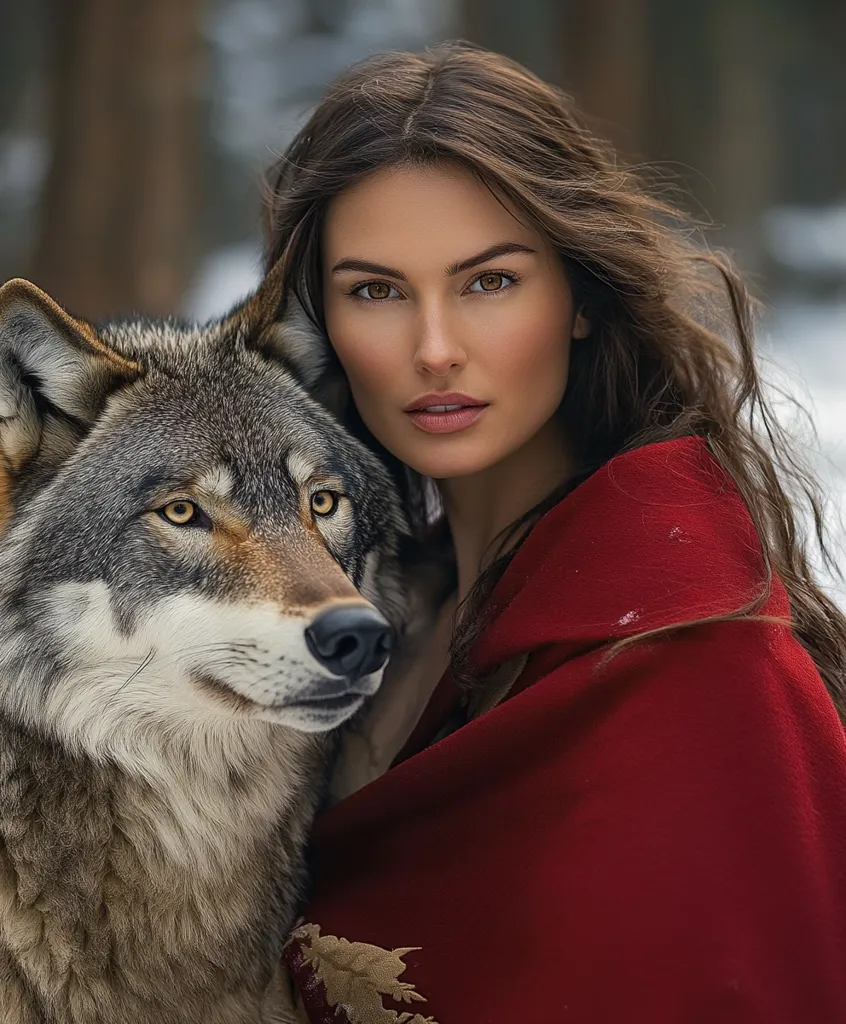 A young woman with long brown hair, wearing a red cloak, is seen in a close-up portrait with a wolf. The woman's face is soft and alluring, with her eyes looking directly at the viewer.  The wolf has a gentle expression, its head resting against the woman's shoulder. The background is blurry, suggesting a snowy forest setting. The image creates a sense of intimacy between the woman and the wolf, suggesting a connection beyond the ordinary.