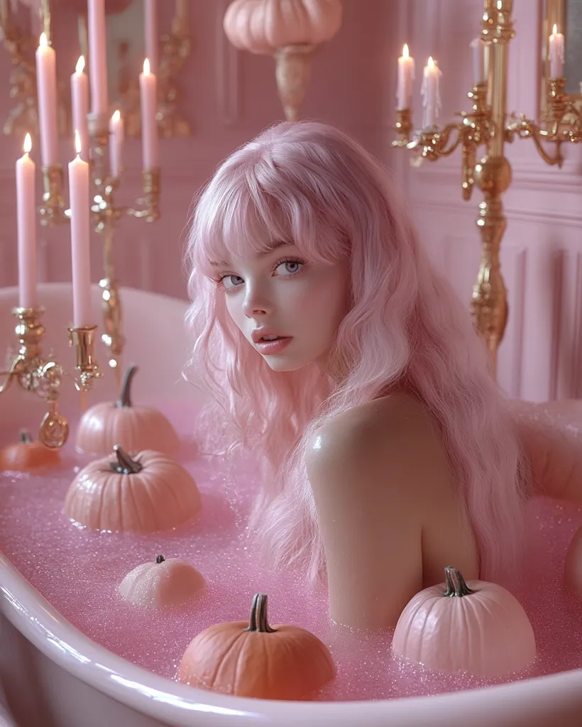 A young woman with long pink hair is submerged in a pink bubble bath, surrounded by pink pumpkins. The bath is lit by candles on a gold candelabra, creating a dreamy and luxurious atmosphere. The image is a study in soft pink tones and delicate textures, creating a whimsical and ethereal mood.
