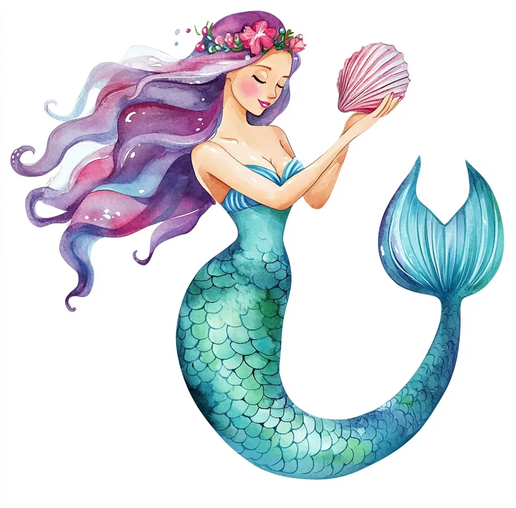 A watercolor illustration of a mermaid with long, flowing purple hair adorned with pink flowers. She is holding a pink seashell in her hand, her tail is a vibrant blue and green, and she is smiling. The image evokes a whimsical and magical underwater world.
