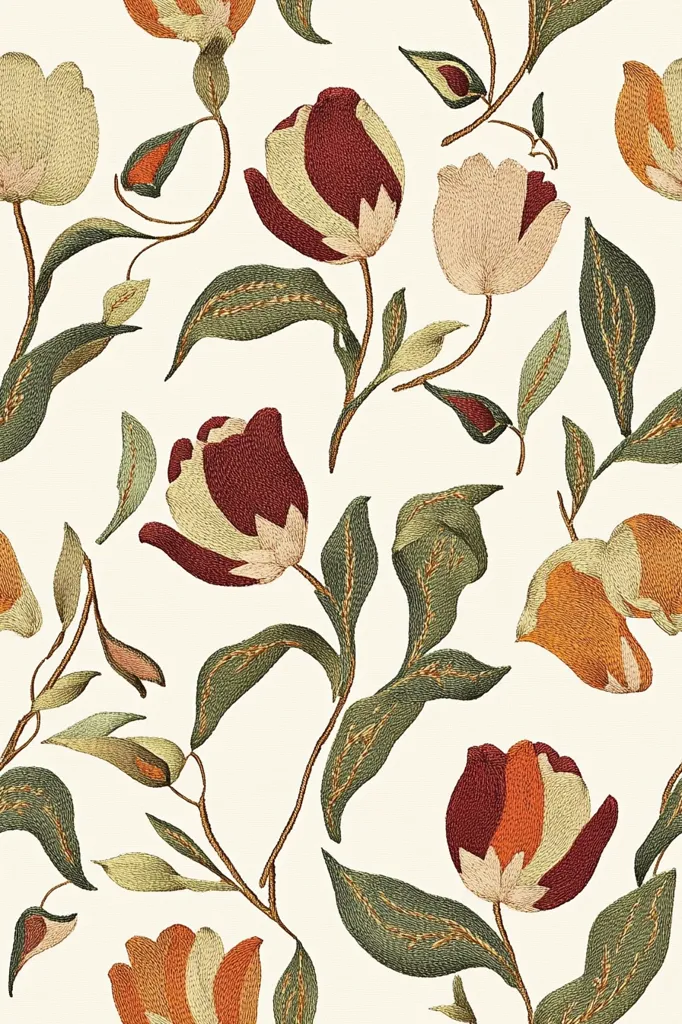 This is a repeating pattern of embroidered flowers and leaves. The flowers are in shades of red, orange, and cream, and the leaves are in shades of green. The background is a soft off-white color. The pattern is simple and elegant, with a traditional feel. It would be suitable for a variety of fabrics and home décor items.