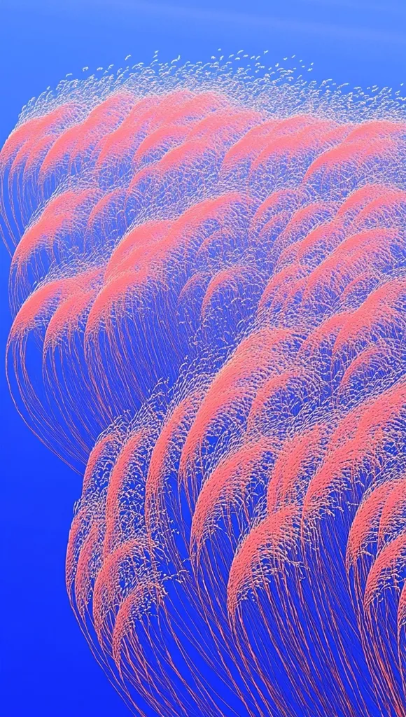 The image shows a vibrant abstract pattern. Delicate, pink lines, resembling strands of hair, form intricate curved shapes against a bold blue background. The lines create a sense of movement and fluidity, resembling waves or flowing water. The contrast between the vibrant pink and cool blue creates a striking visual impact. The overall effect is one of elegance and delicate beauty.