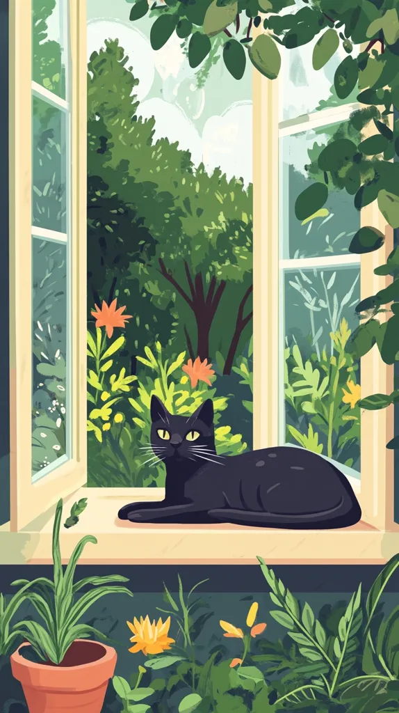 A black cat lays on a window sill looking out at a lush green garden. The cat is framed by a window, and the garden is visible through the open window. The window is made of wood and has a white frame. The garden is full of greenery, including leaves, flowers, and trees. The cat has bright green eyes and a black coat. The background is a soft, pastel green. The scene is peaceful and serene.