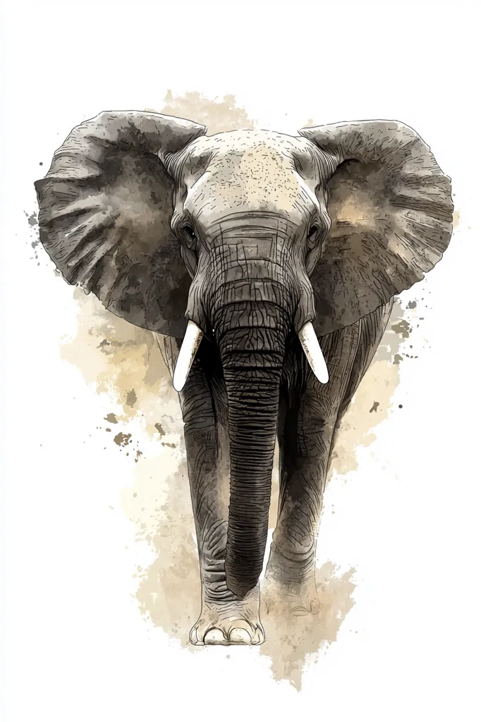 The image is a detailed sketch of an elephant, rendered in a realistic style with a watercolor background. The elephant is depicted from the front, facing the viewer with its large ears spread out, its trunk lowered, and its eyes looking directly ahead. The artist has captured the animal's imposing presence and its wrinkled, textured skin. The watercolor background creates a soft, ethereal effect, suggesting a sense of movement and the open spaces of the wild.  The image is a powerful and evocative representation of the majesty and power of this iconic animal.