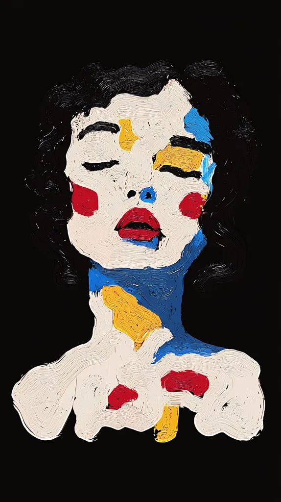 A portrait of a woman with closed eyes, painted in bold, thick strokes of red, yellow, blue, and white. The woman has a dark, wavy hairdo and a wide, white face with red accents on her cheeks and lips. The image is set against a dark background, adding to the dramatic effect. The brushstrokes create a sense of movement and energy, drawing the viewer's eye to the woman's face and the vibrant colors.