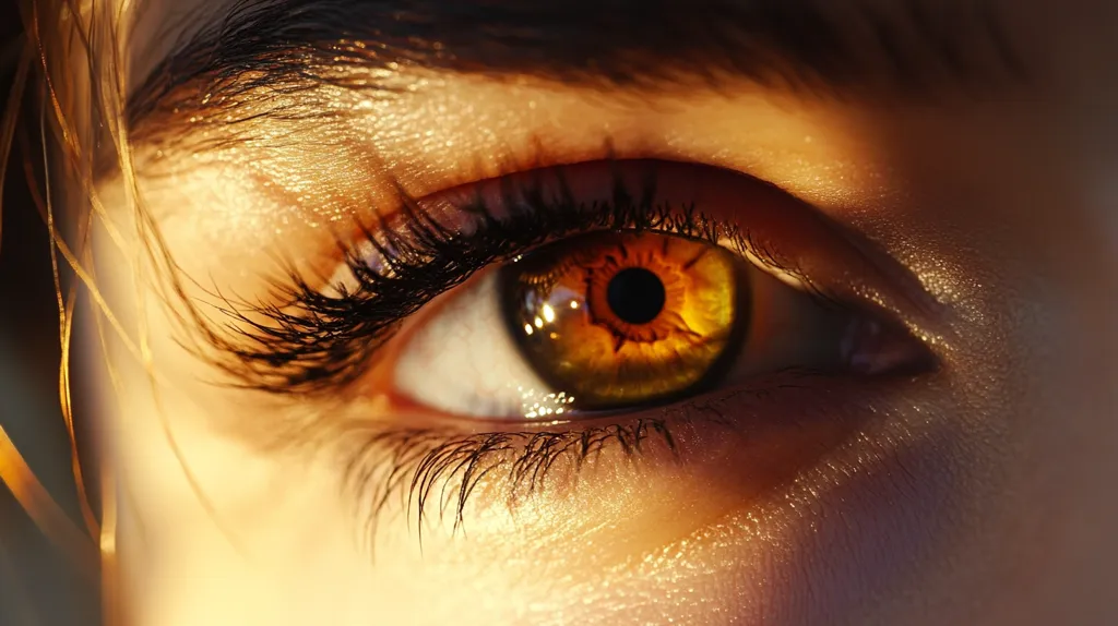 The image shows a close-up of a woman's eye. The eye is wide open, revealing a large, golden-brown iris with a black pupil. Long, dark eyelashes frame the eye.  The surrounding skin is a warm, golden hue, highlighting the radiance of the eye. The overall effect is one of intensity and captivating beauty.