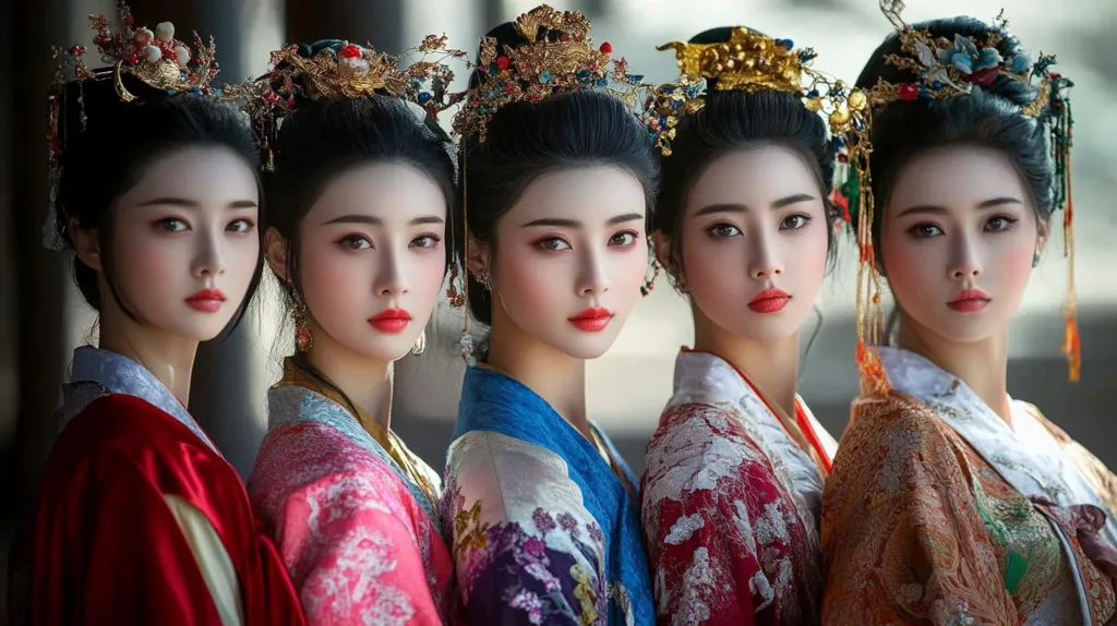 Four women are dressed in elaborate traditional Chinese clothing. They are wearing beautiful ornate headdresses and colorful robes. The women are looking directly at the camera with serious expressions. The image is richly decorated with intricate patterns and details. The overall tone is elegant and refined.