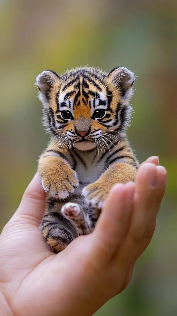 A tiny tiger cub is held gently in the palm of a hand. Its black and orange stripes are clearly visible, and it has bright blue eyes. The cub is looking up at the camera with a curious expression on its face. Its paws are curled up under its body, and it appears to be very relaxed and content. The background is blurred, making the cub the main focus of the image.