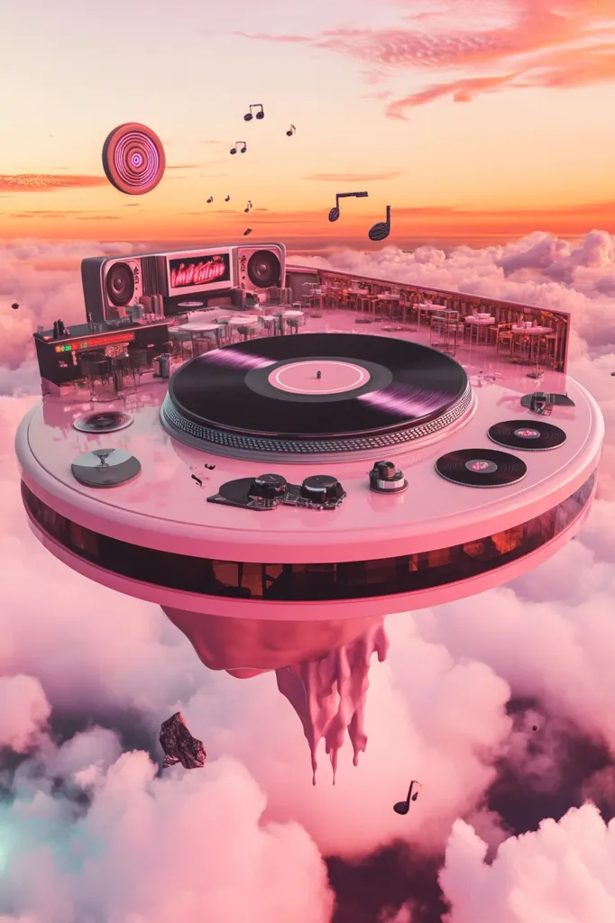 A pink, circular, futuristic structure floats in the clouds. The top of the structure is a giant record player with a black vinyl spinning on top. The structure has multiple levels and windows, with pink and white furniture inside. There are small, black musical notes floating around it. The setting sun casts an orange glow over the clouds.