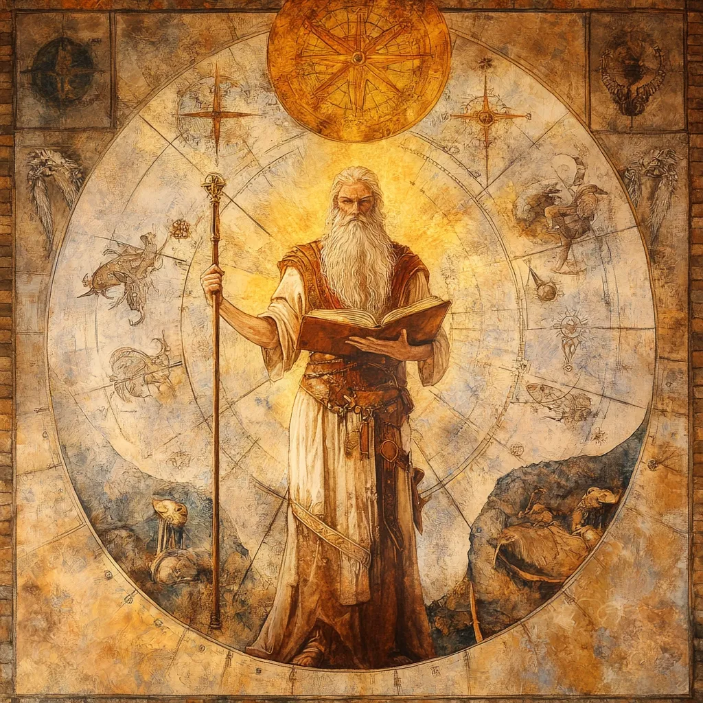 The painting depicts a wise, elderly man with a long white beard and flowing white robes, standing in the center of a circular, intricate design. He holds a book and a staff, and his gaze is directed upwards. The background is a swirling pattern of golden hues, suggesting celestial bodies and constellations. The image evokes a sense of spirituality, wisdom, and the power of the cosmos.