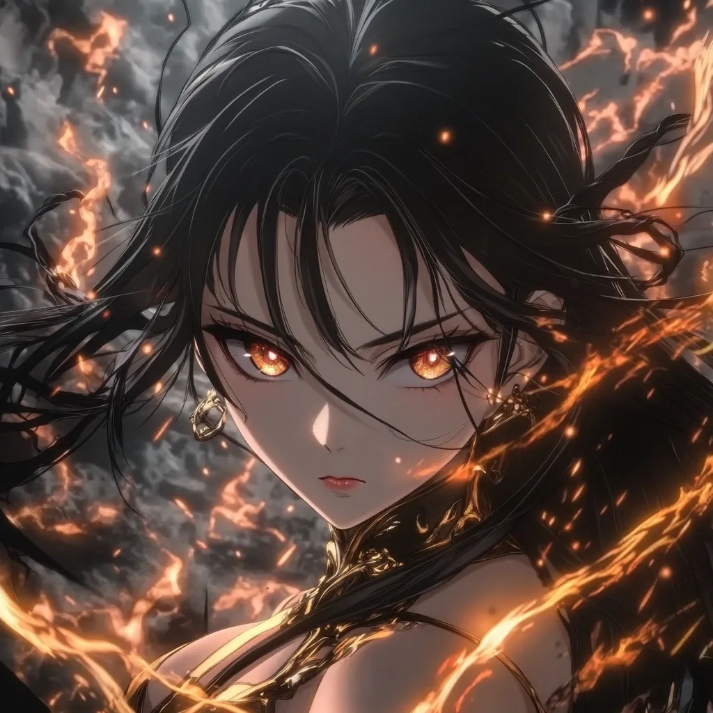 The image depicts an anime-style woman with long black hair and piercing orange eyes. She is wearing a golden outfit, and flames are swirling around her, creating a dramatic and fiery background. The woman's expression is intense and focused, conveying a sense of power and determination. The overall image evokes a feeling of heat, intensity, and possibly a struggle against adversity.