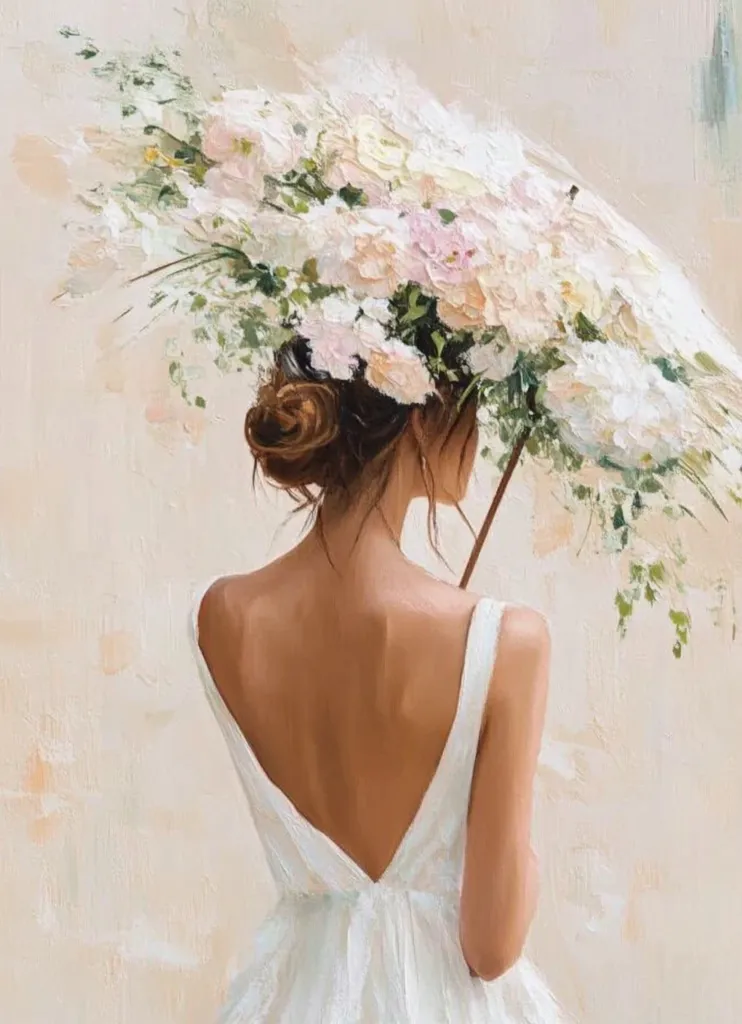 The painting depicts a woman in a white dress, her back facing the viewer. She is holding a large, floral umbrella that is overflowing with white and pink flowers. The woman's hair is pulled back in a bun, and her skin is sun-kissed. The background is a soft, creamy color, creating a dreamy atmosphere. The overall impression is of elegance and grace.