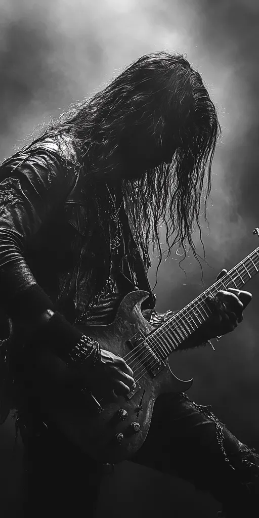 A black and white image of a long-haired person, likely a male, wearing a leather jacket and playing a dark electric guitar. The person is partially obscured by their hair and the image is dimly lit, creating a moody atmosphere. The focus is on the guitar and the hand holding the pick, suggesting a sense of passion and energy. The image captures a moment of intense focus and musical expression.
