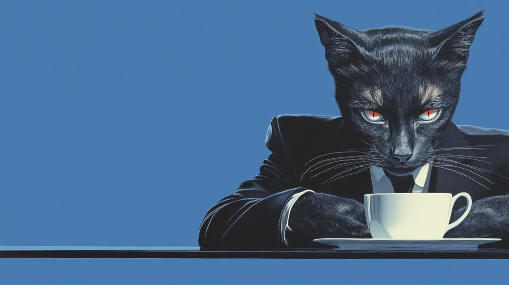 A black cat, wearing a suit and tie, sits at a table with a cup of coffee in front of it. The cat has intense red eyes and a serious expression. The background is a solid blue. The image is humorous, portraying a cat with human qualities. It's a playful take on the idea of a cat having a sophisticated and serious demeanor.