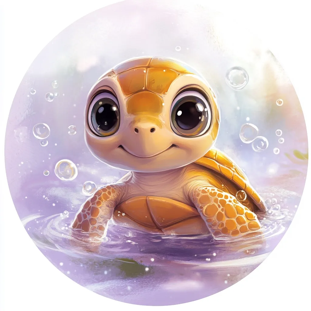 The image depicts a cute, cartoon baby turtle with large, expressive eyes and a cheerful smile. It's swimming in a shallow, shimmering body of water. The turtle has a brown shell and is surrounded by small, iridescent bubbles. The background is a soft, pastel purple with hints of green. The overall scene is whimsical and adorable, evoking a sense of innocence and joy.