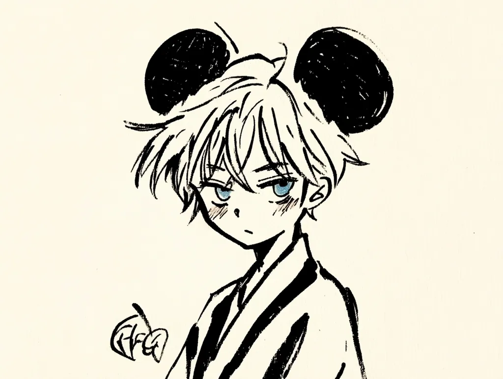 The image is a black and white sketch of a young person with spiky, white hair. They are wearing a loose, collared garment with a black and white pattern. Their right ear is adorned with a large, black, round earring. The person has large, blue eyes and a slightly flushed face. They are looking to the left of the image. There is a simple, black and white sketch of a leaf to the left of the person. The background is a light beige color. The drawing is done in a loose, expressive style.