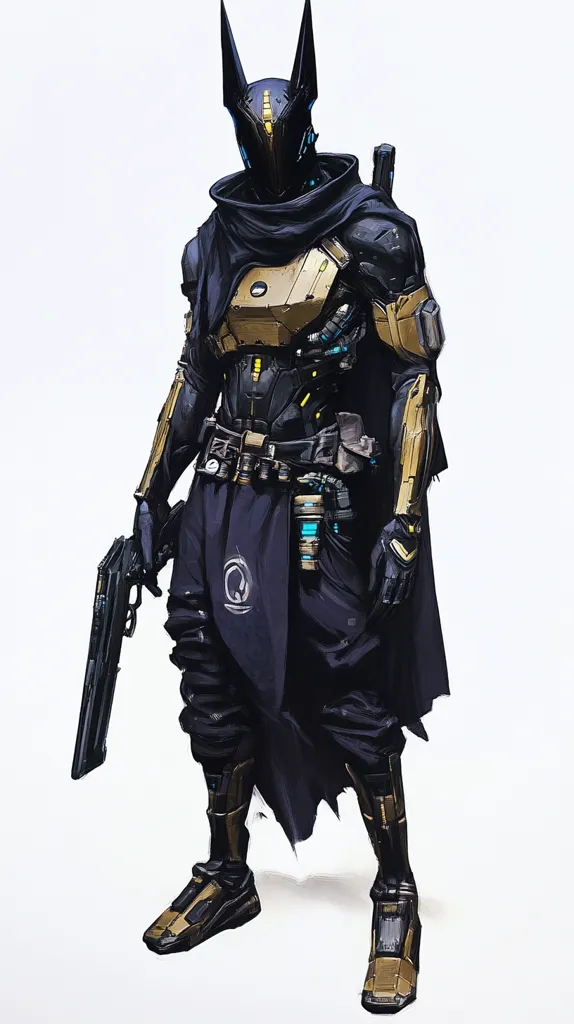 A futuristic warrior stands against a white background.  They wear a black and gold suit of armor, a black cape, and a helmet with pointed ears.  They hold a futuristic pistol in their right hand and their left hand is obscured by the cape.  Their boots are a mix of black and gold.  The suit appears to have multiple compartments for storing equipment.  There is a symbol of a circle with a swirl inside of it printed on the front of their cape.  The warrior appears menacing, and ready for battle.