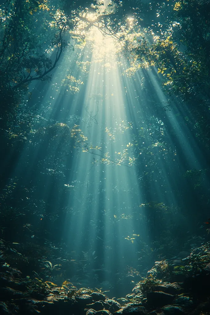 Sunlight streams through a dense canopy of trees, casting ethereal beams of light through the dark, lush undergrowth. The scene is a serene and mystical forest floor, bathed in an otherworldly glow. The leaves and branches create a natural frame, inviting the viewer into a moment of tranquility and wonder. The light filters through the foliage, creating a dappled effect and a sense of depth and mystery.