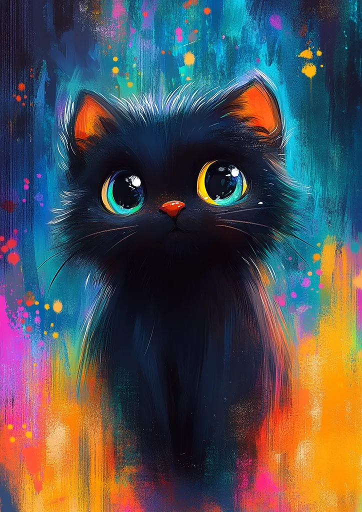 A black cat with large, round, blue eyes stares directly at the viewer against a brightly colored background of swirling blues, pinks, and yellows. The cat's fur is dark, almost black, and the background is abstract, with brushstrokes creating a dynamic and energetic feel. The cat's expression is innocent and curious, making the image both playful and mysterious.
