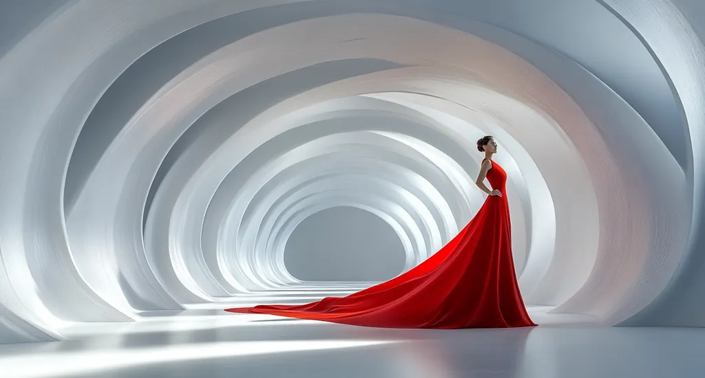 A woman in a vibrant red gown stands in a futuristic, white space. The background features a series of overlapping, circular arches, creating a sense of depth and perspective. The bright red dress contrasts dramatically with the cool, sterile white of the surroundings, highlighting the woman's presence. The overall image suggests a blend of elegance and modern architecture.