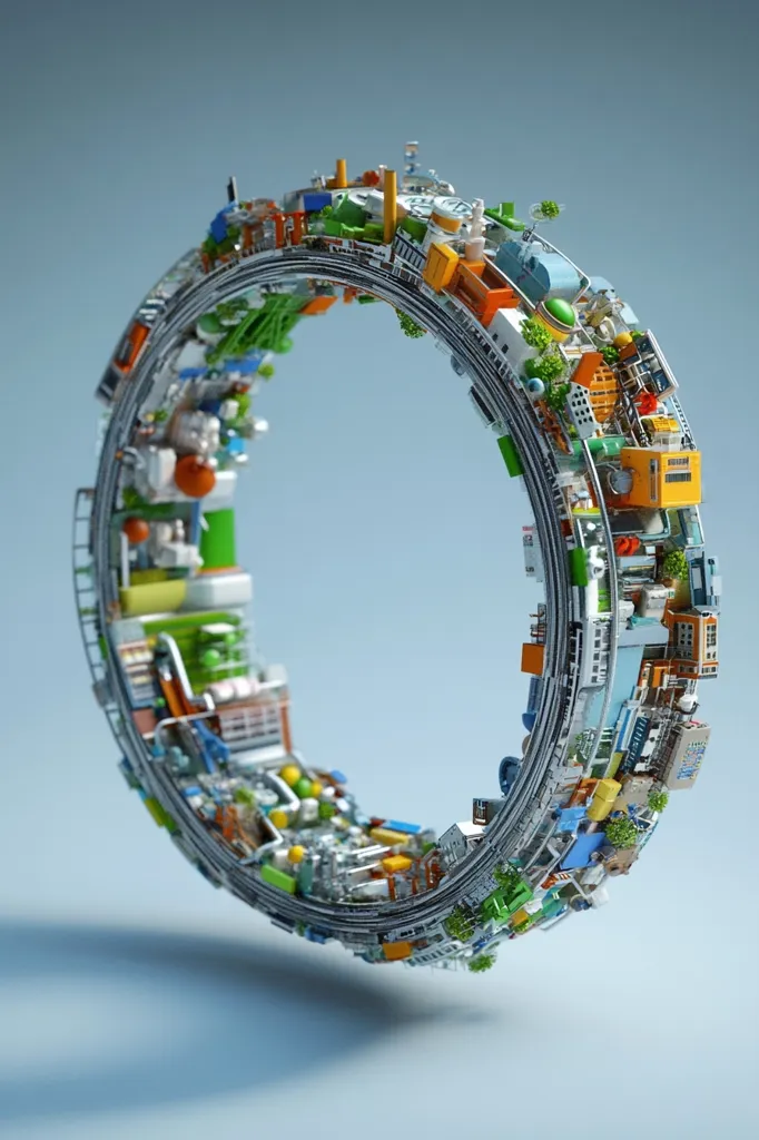 A miniature city is constructed into a circular shape, seemingly floating in mid-air.  The city is comprised of buildings, trees, and infrastructure, creating a unique and whimsical image. The cityscape is rendered in vibrant colors, with a focus on blues, greens, and oranges, adding to its playful and eye-catching quality.  The model is highlighted against a simple light blue background, making the city the focal point of the image.