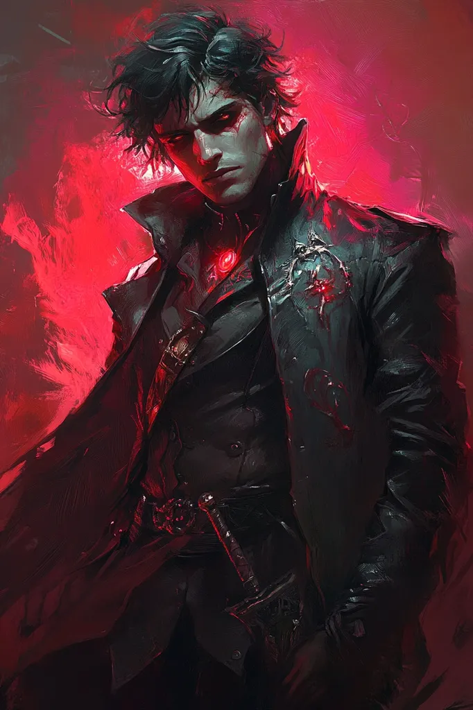 A man with dark hair and a brooding expression stands against a backdrop of fiery red. He wears a long black coat with a hint of crimson on his chest and a sword at his hip. The dramatic lighting and his intense gaze create an air of mystery and danger.