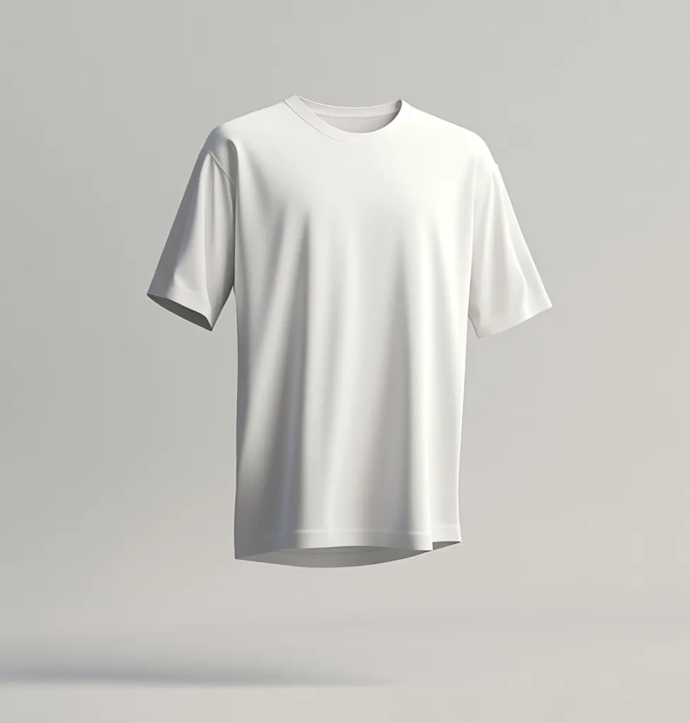 The image shows a plain white t-shirt with short sleeves, hovering in mid-air against a light gray background. It has a crew neckline and a relaxed fit, highlighting its simple and versatile design. The shirt appears clean and wrinkle-free, ready for customization or branding.  The minimal background and floating position emphasize the t-shirt's blank canvas quality.