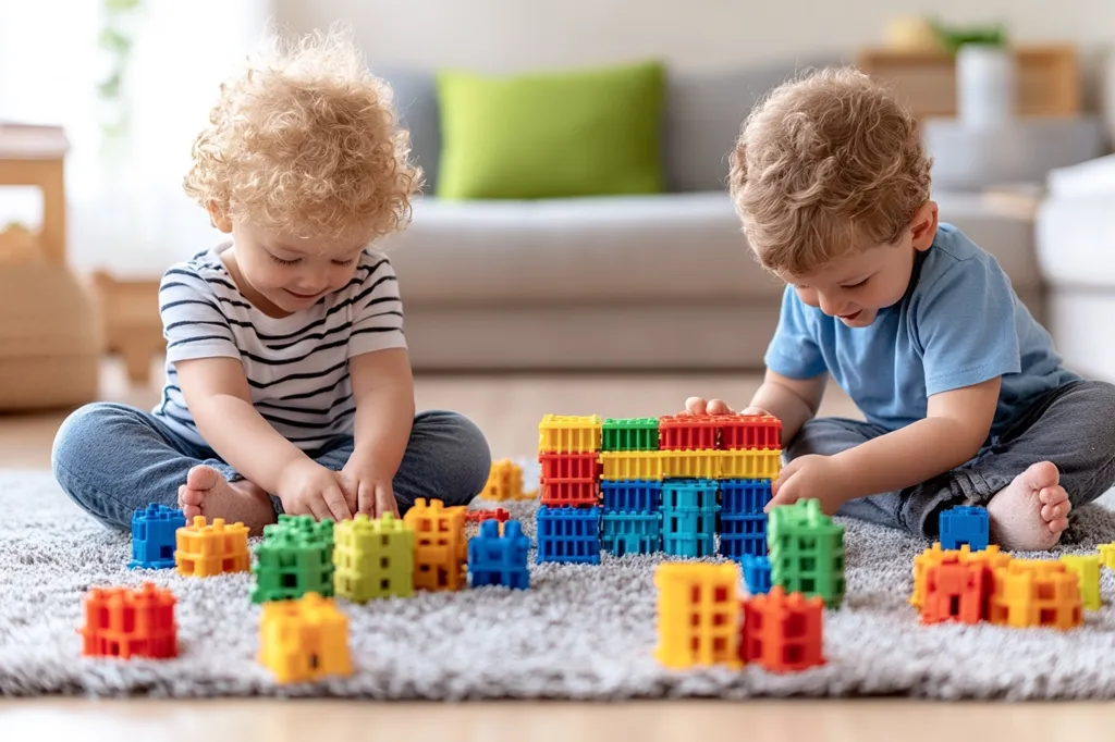 Two toddlers, one with blonde curly hair and one with brown hair, are playing with colorful plastic building blocks on a grey carpet. The boy with blonde hair is wearing a striped shirt and blue jeans, while the boy with brown hair is wearing a blue shirt and blue jeans. They are both focused on building their structures. There is a couch in the background with a green pillow.  The photo captures the joy and innocence of childhood play.