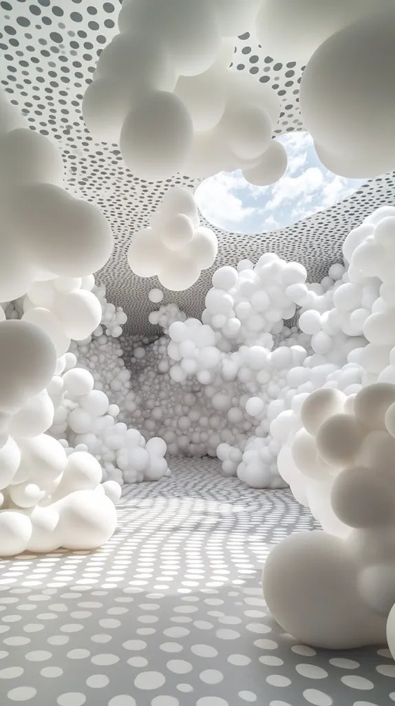 The image shows a room filled with large white spheres of various sizes, creating a surreal and dreamlike atmosphere.  The spheres are clustered together, forming a cloud-like ceiling. The floor is patterned with grey polka dots, contrasting the bright white spheres and adding a playful touch.  A patch of blue sky is visible through an opening in the ceiling, suggesting an outdoor connection. The image evokes a sense of wonder and playfulness, inviting viewers to explore the unique space.
