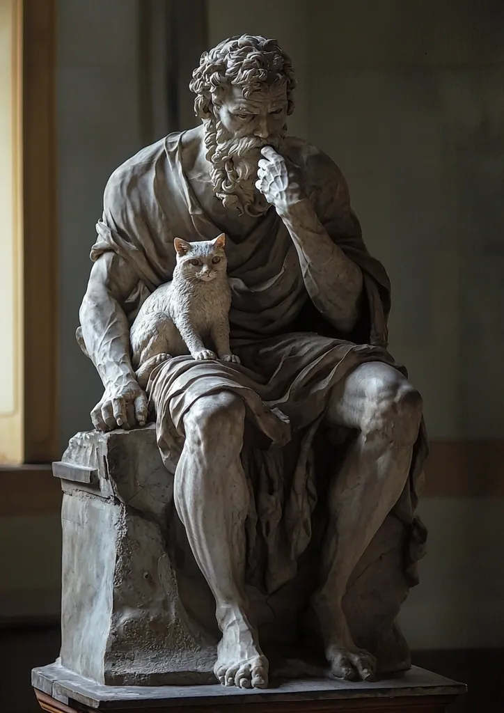 A marble statue of a man with a long beard, seated with his chin resting on his hand,  dressed in a toga, with a white cat sitting on his lap. The statue is placed on a pedestal against a backdrop of a  pale wall, with a window to the left of the frame. The image is in a slightly shadowed room and the light catches the marble giving it a cool tone.  The statue's details are well defined, capturing the texture of the hair, beard, and the fur of the cat.  The man appears deep in thought, and the cat sits calmly on his lap, as if sharing in his contemplation.