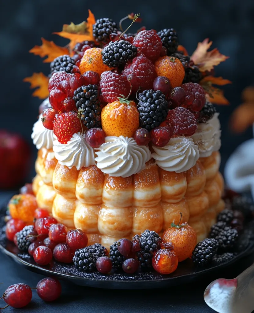A decadent dessert features a towering stack of golden, glazed pastry puffs, topped with a mountain of fresh berries. Blackberries, raspberries, and red currants create a vibrant, jewel-toned crown, dusted with a light snowfall of powdered sugar. Whipped cream swirls add a touch of fluffy elegance, while a few autumn leaves peek out from the base, hinting at the season's bounty. The dessert is presented on a black plate, surrounded by scattered berries and a hint of a serving spoon, ready to tempt the palate.
