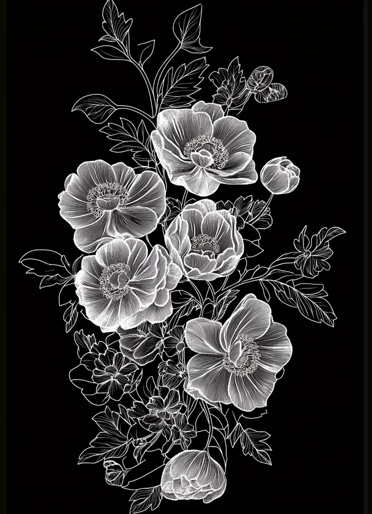 A delicate bouquet of white flowers is drawn in outline against a black background. The flowers are stylized in a realistic manner, with intricate details of petals, stems and leaves. The image creates a sense of elegance and beauty, with the stark contrast of black and white highlighting the floral details.