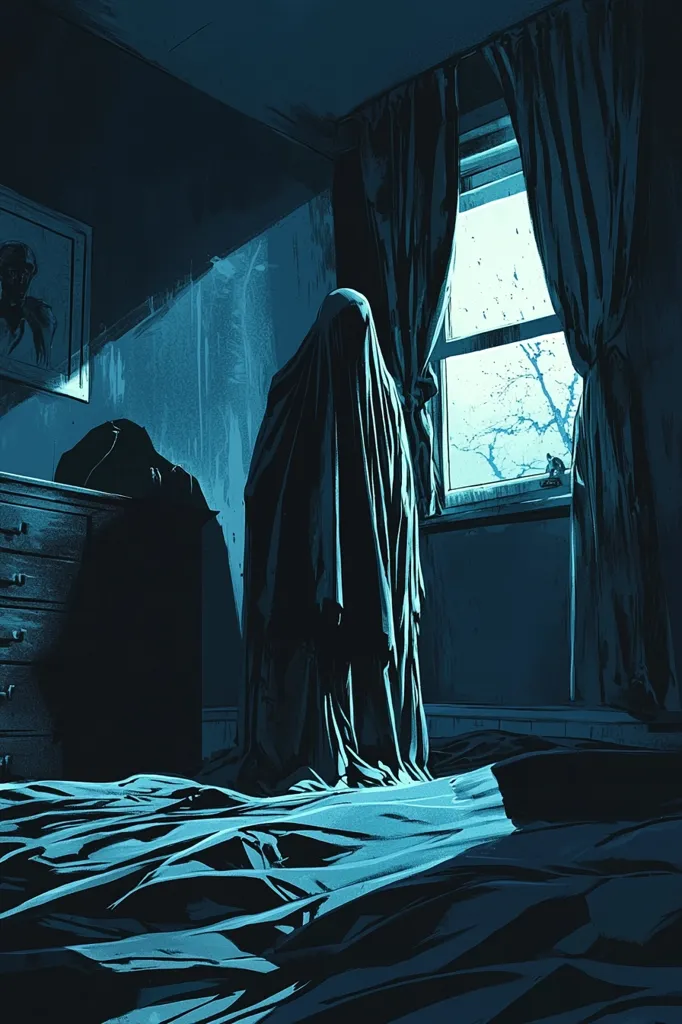 The image is a dark and mysterious scene. A shadowy figure, draped in a black cloak, stands near a window in a dimly lit room. The figure's face is obscured, leaving their identity unknown. The window offers a glimpse of a dark and gloomy exterior, suggesting an unsettling atmosphere. The room itself is sparse, with a dresser and a rumpled bed. The overall mood is one of suspense and unease.  The image suggests a sense of mystery, perhaps even danger.