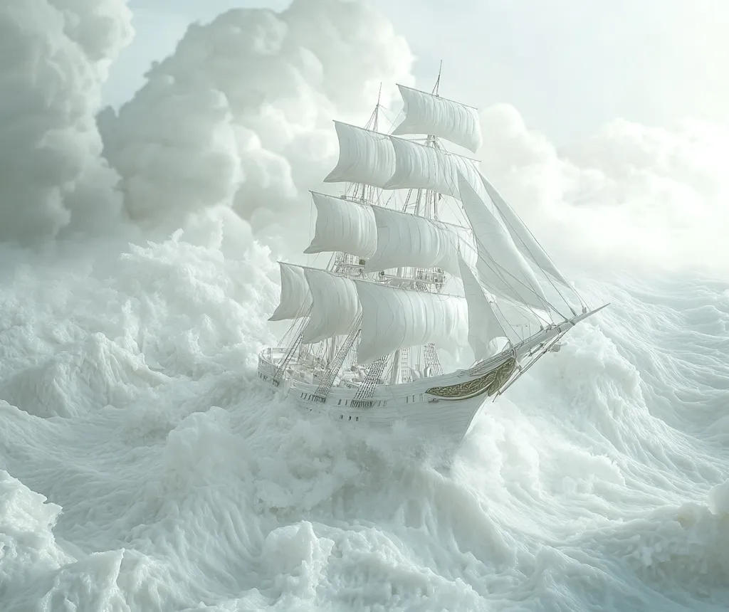 A white sailboat with billowing sails navigates through a sea of clouds. The ship is adorned with intricate golden details, contrasting with the pure white of the clouds and sails. The scene evokes a sense of ethereal beauty and tranquility, with the ship seemingly gliding effortlessly through the celestial sea.
