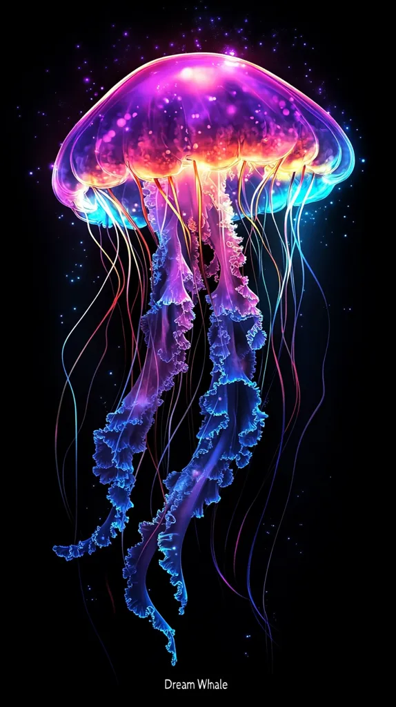 The image shows a vibrant jellyfish against a black background. Its translucent bell glows with shades of pink, purple, and blue, accented by iridescent details. Long, flowing tentacles, also shimmering with color, extend from the bell, creating a sense of ethereal movement. Tiny sparkles of light add to the magical feel. The image evokes a sense of wonder and beauty found in the depths of the ocean.