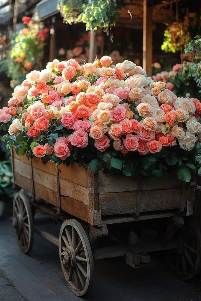 A wooden wagon overflowing with a vibrant assortment of pink and white roses. The wagon has two large wheels and a rustic, weathered appearance, adding to the charming scene. The flowers are in full bloom, creating a striking display of beauty and fragrance. The background features a blurred view of greenery, suggesting a garden setting. The image captures the essence of floral abundance and the simple elegance of nature.